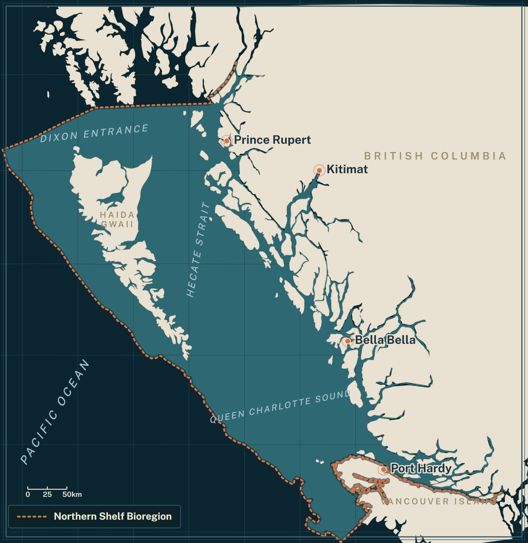 Map of the Northern Shelf Bioregion: BC's North and Central Coast, Haida Gwaii, and North Vancouver Island, reaching north to Dixon Entrance